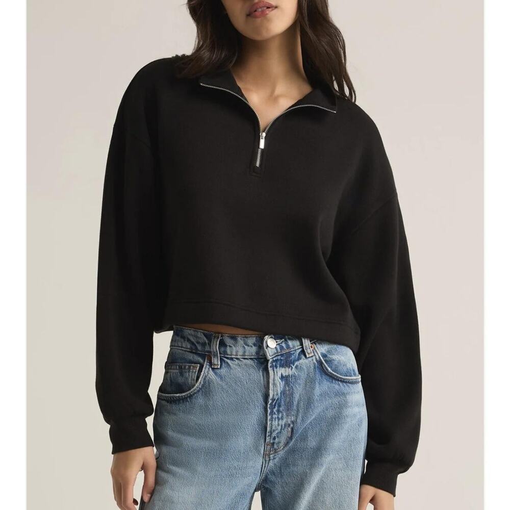Z SUPPLY Sweatshirt Womens Large Black Fleece 1/4 Zip Mock Neck Cropped Pullover